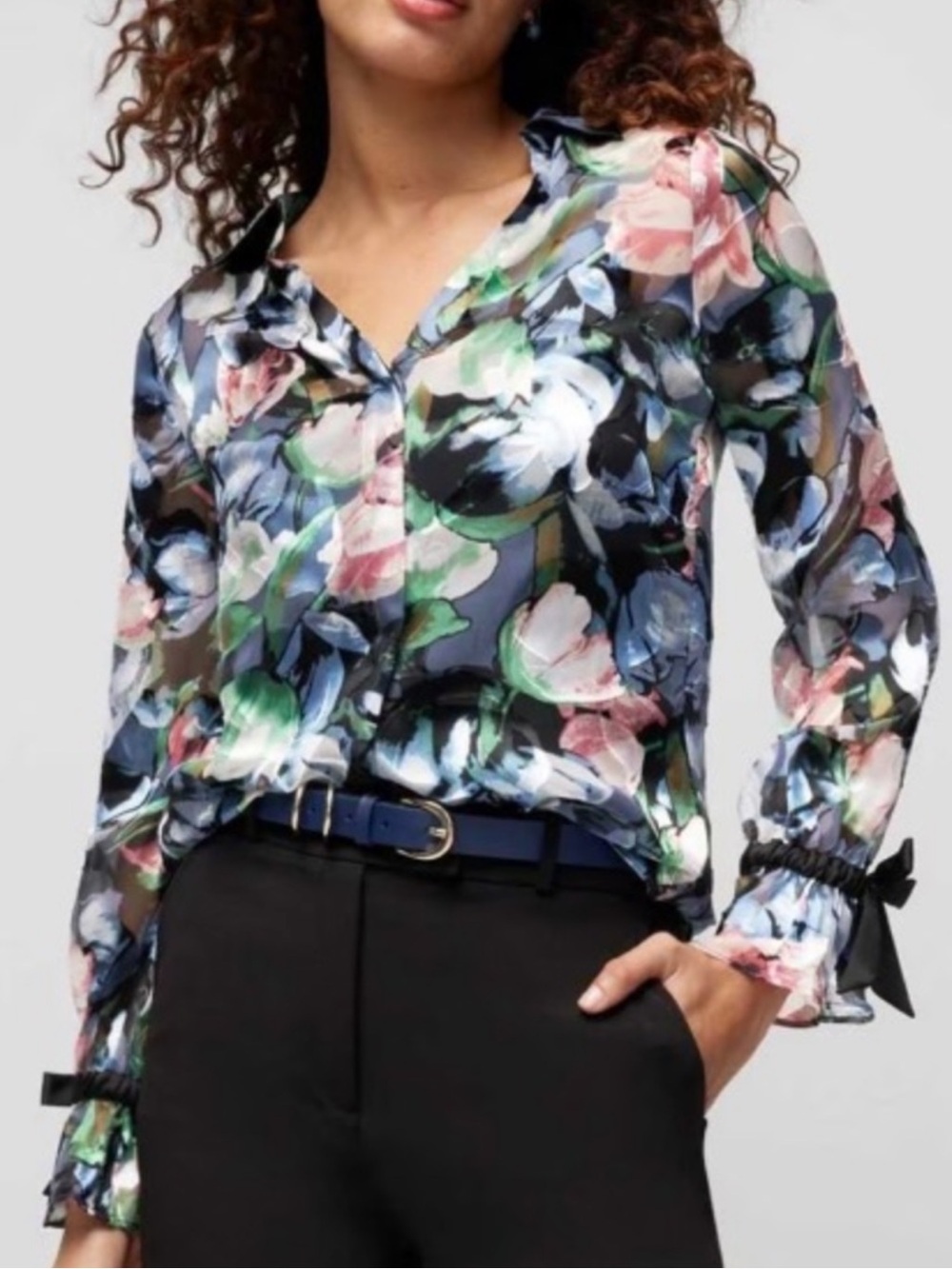 White House Black Market Tulip Garden LS Silk Contrast Blouse.